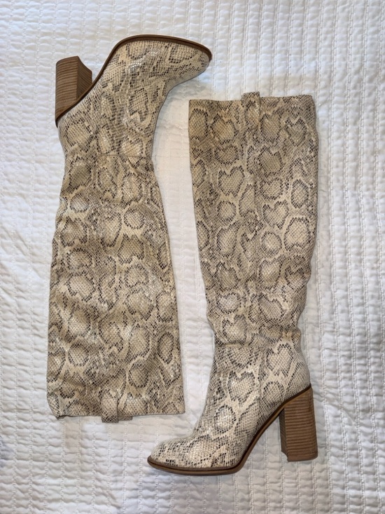 Mi.iM Shoes - Mi.iM Beige Snake-Print Over-the-Knee Block Heel Boots